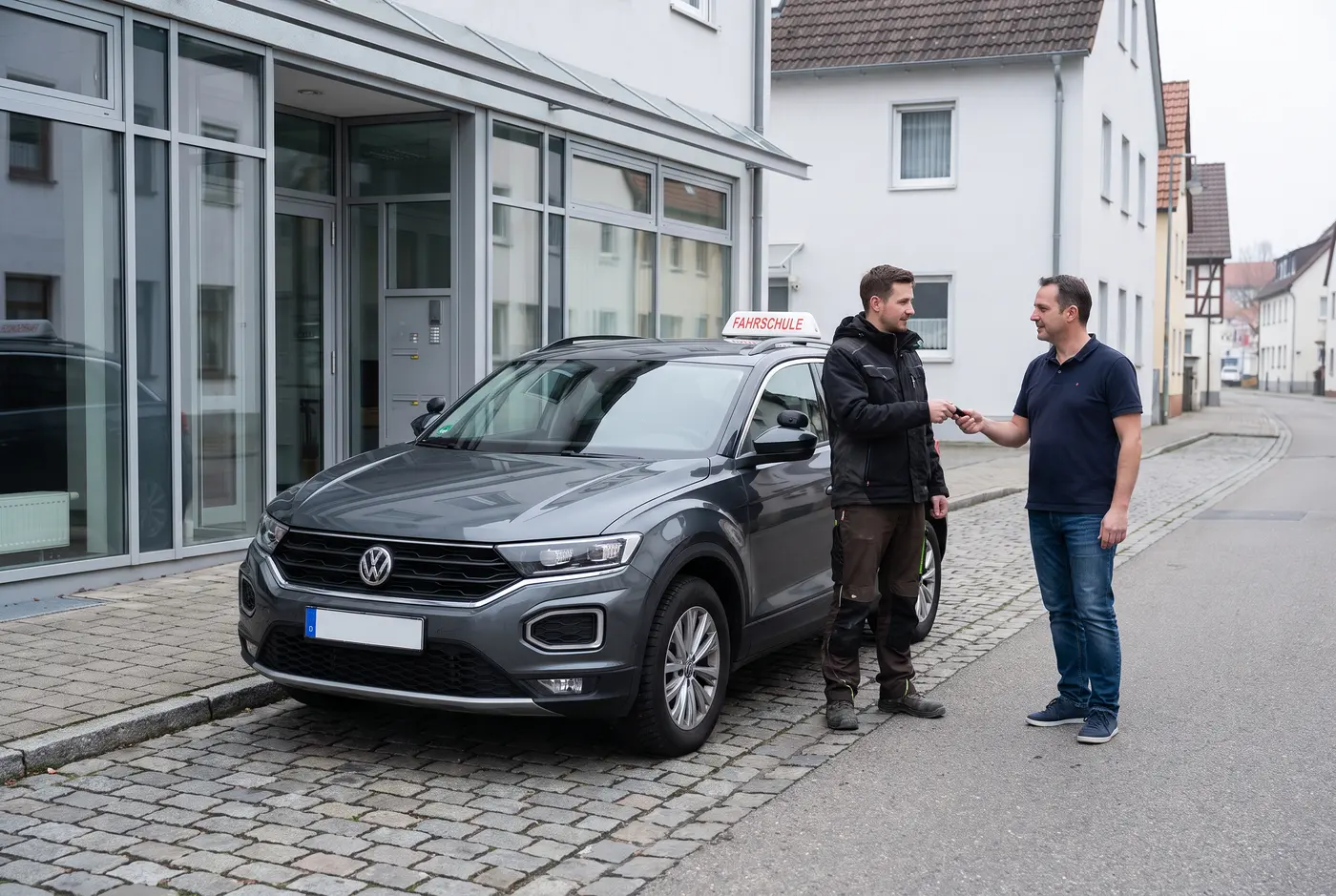 Übergabe eines Fahrschulautos mit Dachschild vor einer Fahrschule